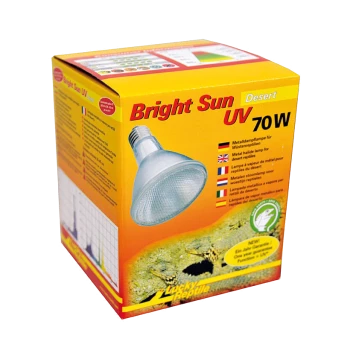 Verpackung der Bright Sun UV Desert 70W Lampe, mit einer Glühbirnenillustration, Produktname und mehrsprachigen Beschreibungen zur Pflege von Reptilien.