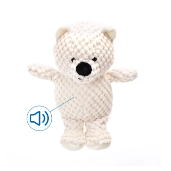 Weißes plüschiges Bärchen-Spielzeug mit einem strukturierten Körper und schwarzen Gesichtszügen, mit einem Schallsymbol, das anzeigt, dass es Geräusche macht.