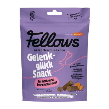 Fellows Gelenkglück Snack Hundeleckerlis zur Unterstützung von Gelenken, Vitalität und Mobilität, gluten- und weizenfrei, 100 % recycelbare Verpackung.
