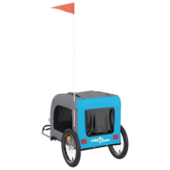 Haustieranhänger in Grau und Blau mit einer roten Fahne, mit Netzfenstern und dem Logo "vidaXL.com" an der Seite.