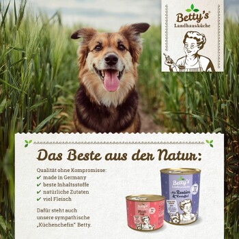 Ein glücklicher Hund sitzt auf einer Wiese neben einem Paket "Betty's Landhausküche", das Qualität und natürliche Zutaten aus Deutschland zeigt.