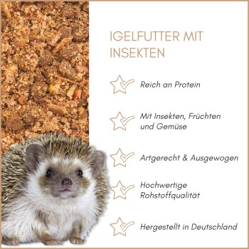 Igel-Futter mit Mehlwürmern, Insekten, Früchten, Gemüse und Honig, gezeigt mit einem Igel und Futterpellets.