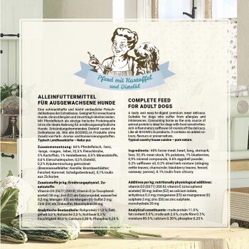 Vollwertfutter für erwachsene Hunde mit Pferdefleisch und Kartoffeln, mit Zutaten und Nährwertinformationen in Deutsch und Englisch aufgelistet.