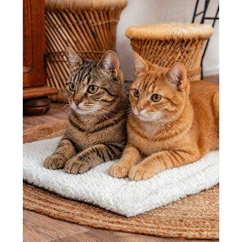 Braun getigerte und orangefarbene Katze liegen nebeneinander auf einer weißen Plüschmatte über einem gewebten Teppich, im Hintergrund Weidenkörbe.