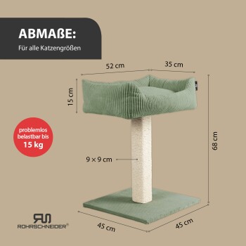 Katzenbaum mit einem grünen Plüschbett, Abmessungen beschriftet: 68 cm Höhe, 52 cm Bettbreite, unterstützt bis zu 15 kg. Marke: ROHRSCHNEIDER.