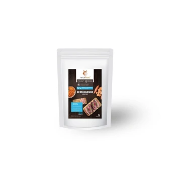 ® Beruhigende Snacks - getreidefrei - 70 g Ein weißer Beutel mit Haustierfutter, beschriftet mit "WILDFANG" und dem Text "BERUHIGENDE" sowie Bildern von Fleisch und Karotten, mit einem Gewicht von 70g.