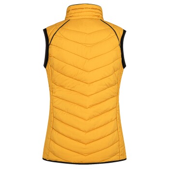 Eine ärmellose gelbe Steppweste mit hohem Kragen und schwarzem Besatz, mit einem Zickzack-gesteppten Muster auf dem Rücken.