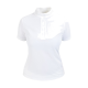 Weißes Poloshirt mit kurzen Ärmeln, hohem Kragen und dekorativen Nieten um den Kragen.