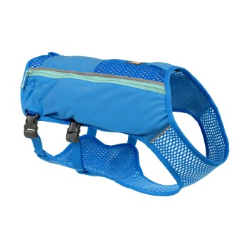Blaue Haustier-Schwimmweste mit Netzseiten, verstellbaren Riemen und einer Reißverschlusstasche für die Aufbewahrung. Ideal für die Sicherheit im Wasser.