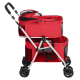 Roter Haustierwagen mit zwei Fächern, mit Netzseiten und einem silbernen Rahmen, der für den komfortablen Transport von Haustieren konzipiert ist.