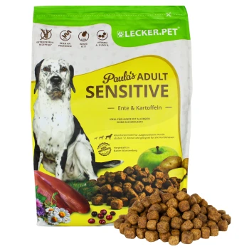 Hundefutterverpackung mit der Aufschrift "Paulo's ADULT SENSITIVE", die Ente und Kartoffeln enthält, mit Futterbrocken, die davor verstreut sind.
