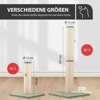 Zwei Größen beige Katzenkratzbäume mit grünen Basen, beschriftet Gr. 1 (54 cm) und Gr. 2 (107 cm), jeweils 12 cm Durchmesser.