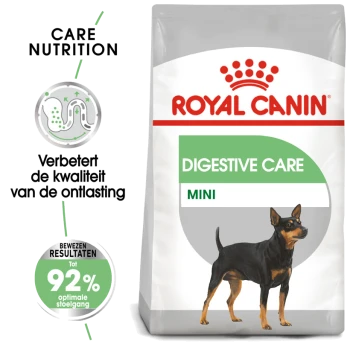 Royal Canin Digestive Care Mini hondenvoer zak met illustratie van een kleine hond, met de nadruk op verbeterde ontlastingkwaliteit en 92% optimale resultaten.