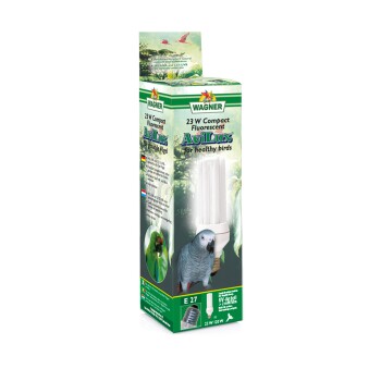 Verpackung für eine kompakte fluoreszierende Glühbirne für Vögel, mit der Aufschrift "AgilLux für gesunde Vögel," mit einem Bild eines grauen Papageis.
