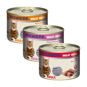 Meat Menu Adult Mixpaket 6x200g Drei Dosen Katzenfutter "Premiere. Fleischmenü" in Rindfleisch mit Huhn, Fleischzusammensetzung und Rindfleisch, alle mit "100% frisches Fleisch" gekennzeichnet.