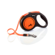 A retractable dog leash with a black handle and an orange tape, featuring a honeycomb pattern and a dog silhouette.
