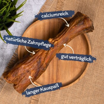 Ein großer Hundeknochen auf einem Holzbrett mit deutschen Etiketten: "calciumreich," "natürliche Zahnpflege," "gut verträglich," "langer Kauspaß."