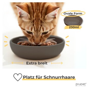 Nahaufnahme einer Katze, die aus einer breiten, ovalen Schüssel mit der Aufschrift "230ml" frisst, mit Texten, die "Extra breit" und "Platz für Schnurrhaare" hervorheben.