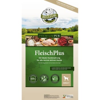 Hundefutterverpackung mit "Bellfor Premium Pur FleischPlus" mit 69% Fleischgehalt, geeignet für normal aktive Hunde, auf Deutsch.