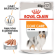 Royal Canin Coat Care Haustierfutterverpackung mit den Aufschriften "85g x 12" und "Alle Größen", mit einer visuellen Darstellung von Mousse-Leckerlis und einer Hundesilhouette.