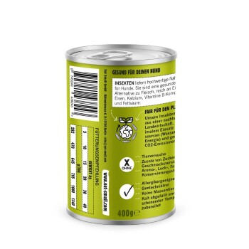 Dose mit Hundefutter, das Insektenprotein enthält, beschriftet mit "Gesund für deinen Hund." Nährwertinformationen und Fütterungsempfehlungen an der Seite.