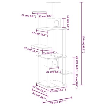 Diagramm der Abmessungen eines Katzenbaums mit beschrifteten Maßen in Zentimetern und Zoll, das eine Höhe von 176 cm und verschiedene Plattformgrößen zeigt.