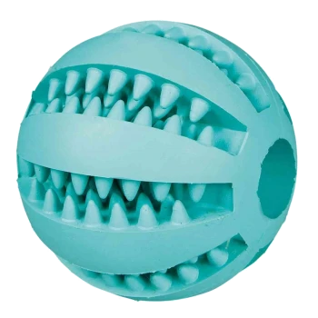Hellblaue Gummihundespielzeugkugel mit stacheliger Textur und ausgeschnittenen Bereichen zum Greifen. Ideal zum Kauen und Spielen für Hunde.