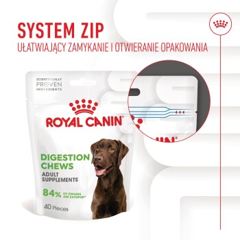 Royal Canin Digestion Chews dla dorosłych psów, z brązowym psem na opakowaniu, z systemem zamknięcia na zamek dla łatwego otwierania. 84% satysfakcji właścicieli.