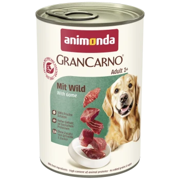 Dose Animonda GranCarno Adult 1+ Hundefutter mit Wild, zeigt rohe Fleischstücke und einen glücklichen Golden Retriever.