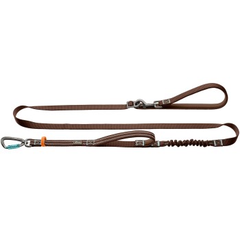 Braune Nylon-Hundeleine mit gepolstertem Griff, Metallkarabiner, orangefarbenem Akzent, Bungee-Stoßdämpferabschnitt und kleinem Markenanhänger.