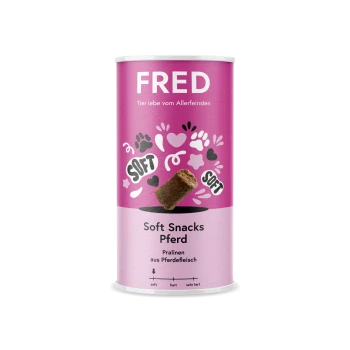 Dose mit FRED Soft Snacks für Haustiere, pink mit Pfotenabdrücken und Herzen, beschriftet mit "Soft Snacks Pferd" und "Pralinen aus Pferdefleisch."