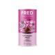 Dose mit FRED Soft Snacks für Haustiere, pink mit Pfotenabdrücken und Herzen, beschriftet mit "Soft Snacks Pferd" und "Pralinen aus Pferdefleisch."