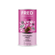 Dose mit FRED Soft Snacks für Haustiere, pink mit Pfotenabdrücken und Herzen, beschriftet mit "Soft Snacks Pferd" und "Pralinen aus Pferdefleisch."