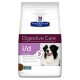 Tüte Hill's Prescription Diet i/d Verdauungsversorgung Hundefutter mit einem schwarz-weißen Hund, beschriftet mit "Sensibel" und "mit Ei & Reis."