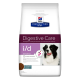 Tüte Hill's Prescription Diet i/d Verdauungsversorgung Hundefutter mit einem schwarz-weißen Hund, beschriftet mit "Sensibel" und "mit Ei & Reis."