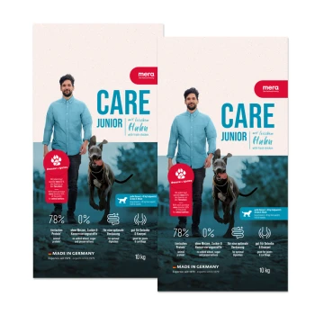 Zwei Tüten Mera Care Junior Hundefutter mit frischem Huhn, die 78% tierisches Protein, 10 kg Größe und Made in Germany hervorheben.
