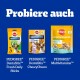 Drei Pedigree-Haustierprodukte auf einem blauen Hintergrund: DentaStix Fresh Daily Sticks, DentaStix ChewyChunx und Multivitamine.