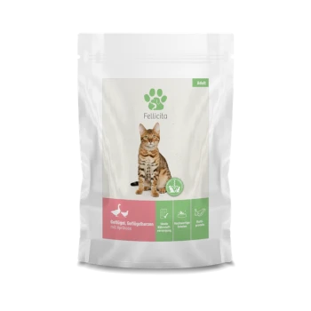 Verpackung für Katzenfutter mit einer getigerten Katze, beschriftet mit "Felicita Adult Geflügel, Geflügelherzen mit Aprikose," mit Symbolen für ernährungsphysiologische Vorteile.