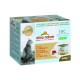 Almo Nature HFC Light Meal Katzenfutterverpackung, mit einem Foto einer Katze, mit Text, der "Tonnno e Gamberetti" und "4x50g" hervorhebt.