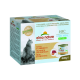 Almo Nature HFC Light Meal kattenvoer verpakking, met een foto van een kat, met tekst die "Tonnno e Gamberetti" en "4x50g" benadrukt.