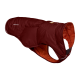 Eine kastanienbraune Hundejacke mit orangefarbenem Innenfutter, mit dem Logo "RUFFWEAR" an der Seite, entworfen für Wärme und Komfort.