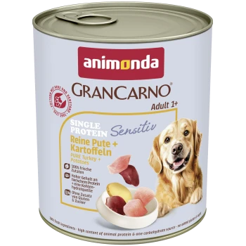 Dose Animonda GranCarno Hundefutter, Single Protein Sensitiv – Reine Pute + Kartoffeln (Pute + Kartoffeln), lächelnder Hund