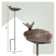 Ein dekorativer Vogelbad mit einer blattförmigen Schale und einer kleinen Vogelstatue, die am Rand sitzt, 65 cm hoch und 16 cm breit.