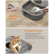 Katze benutzt eine graue Katzentoilette mit herausnehmbarem Einsatz und Reinigungsbürstenset, deutscher Text beschreibt einfache Reinigung und weniger Verschmutzung.