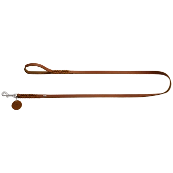 Braune Leder-Hundeleine mit einem geflochtenen Griff und einem Metallclip, ausgestattet mit einem runden Anhänger, der in der Nähe des Griffs befestigt ist.