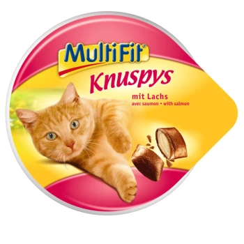Eine verspielte orangefarbene Katze ist auf einer runden Verpackung für MultiFit Knuspy-Leckerlis abgebildet, die in fettem pinken Text mit "mit Lachs" (mit Lachs) beschriftet ist.