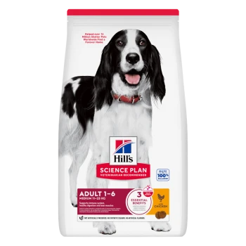 Hill's Science Plan Hundefutterbeutel mit einem schwarz-weißen Hund; 'Adult 1–6 Medium 11–25 kg', 'mit Huhn', '3 wesentliche Vorteile'.
