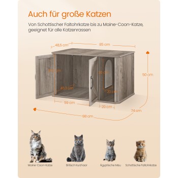 Holz-Katzenmöbel geeignet für große Rassen, mit beschrifteten Abmessungen, featuring Maine Coon, British Shorthair, Egyptian Mau und Scottish Fold Katzen.