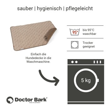 Hundedecke von Doctor Bark, waschbar bis 95°C, trocknergeeignet, mit Textanweisungen für die Maschinenwäsche.