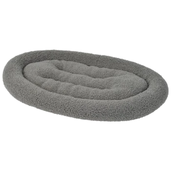 Graues ovales Haustierbett aus weichem Fleece-Material, mit einem gepolsterten Design für Komfort.